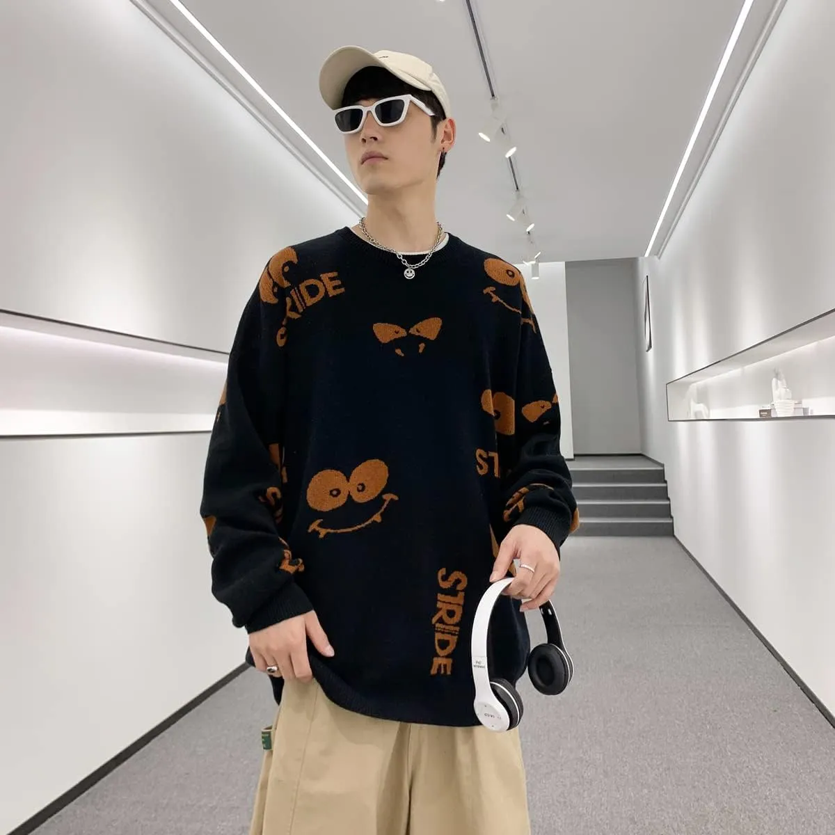 Men's Cartoon Knit Sweaters Strange Eyes Oversized Anime Sweaters Long Sleeve Cotton Pullovers Roundneck Jumpers