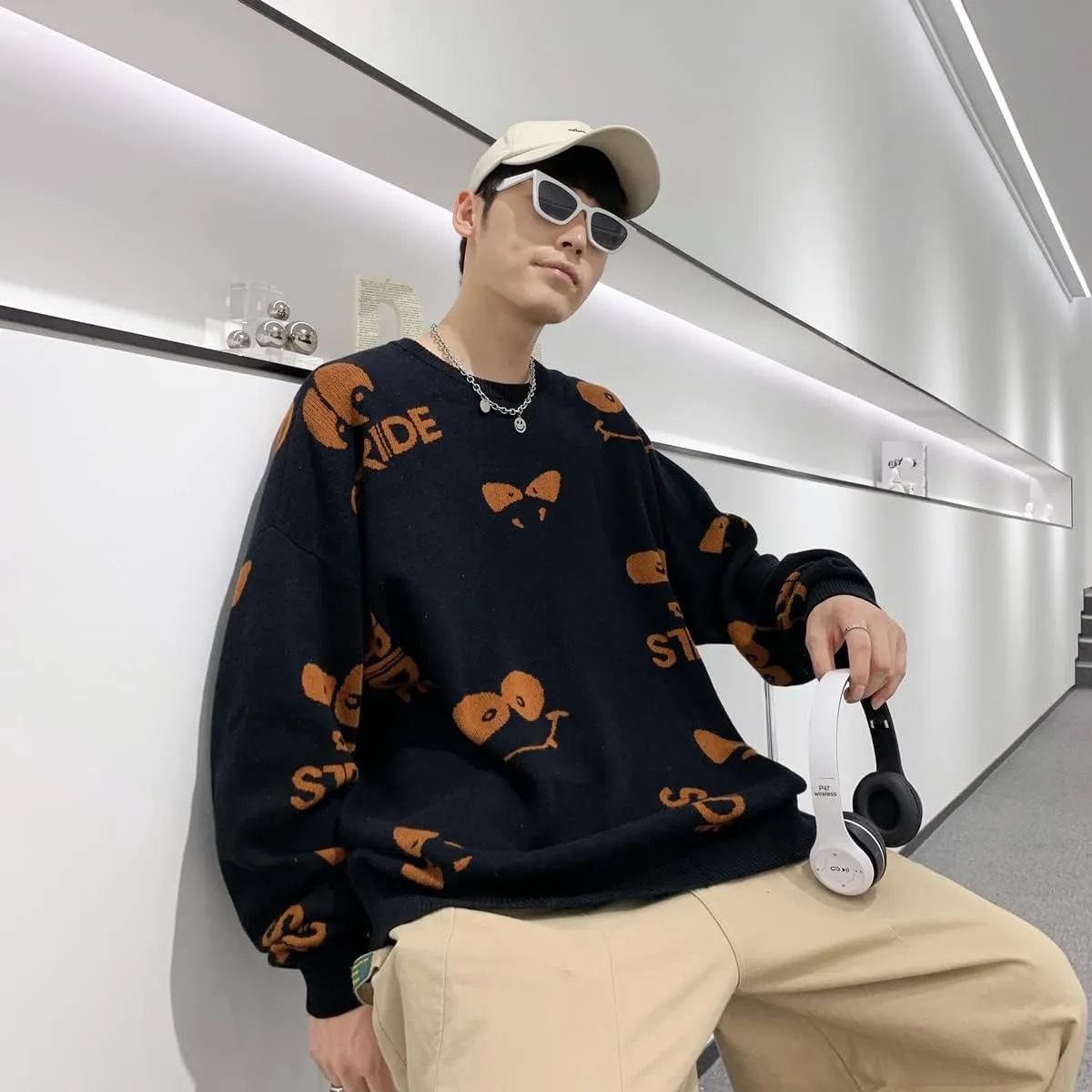 Men's Cartoon Knit Sweaters Strange Eyes Oversized Anime Sweaters Long Sleeve Cotton Pullovers Roundneck Jumpers