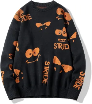 Men's Cartoon Knit Sweaters Strange Eyes Oversized Anime Sweaters Long Sleeve Cotton Pullovers Roundneck Jumpers