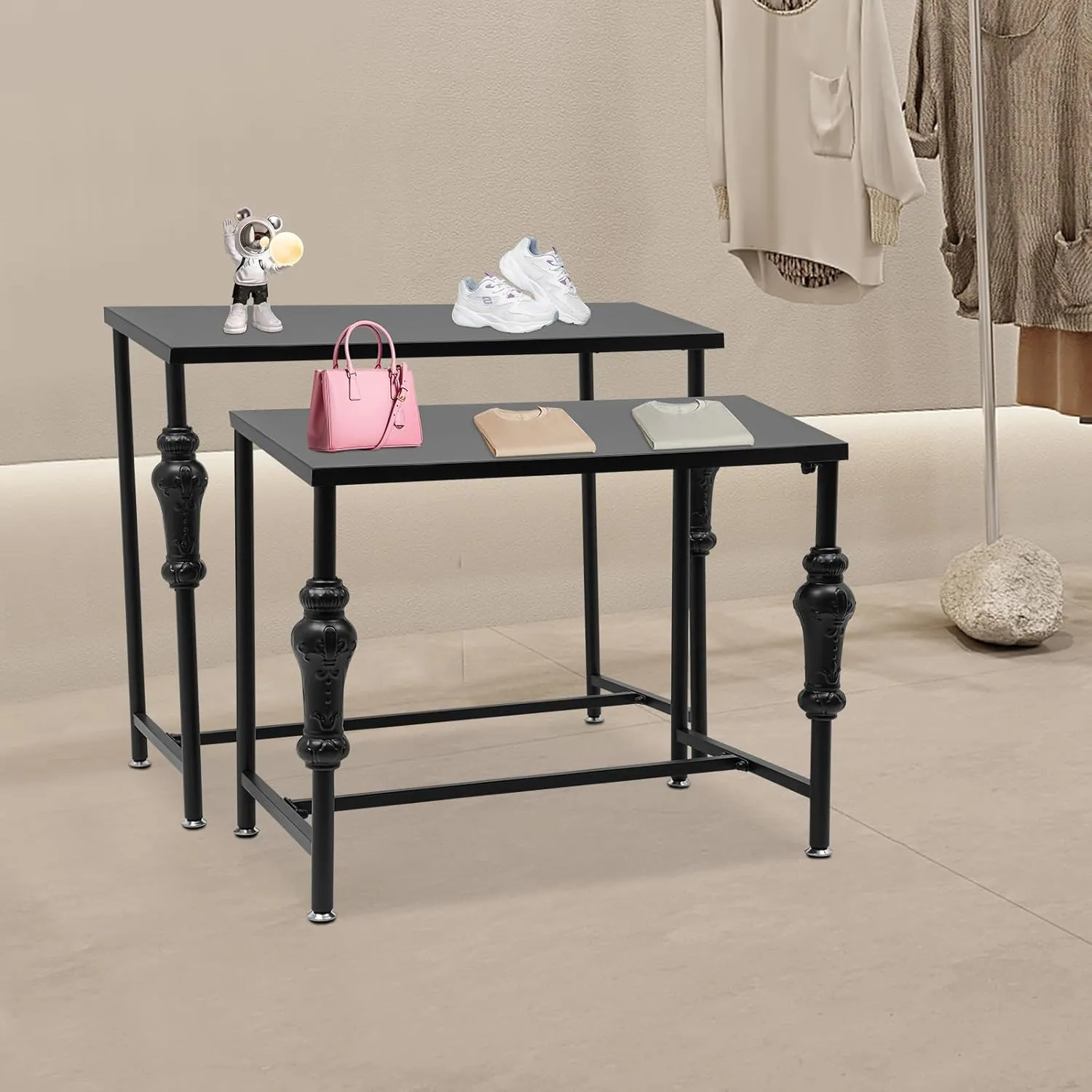Metal Shoe Handbag Display Stand, 2Pcs Retail Nesting Display Tables, Heavy Duty Boutique Display Riser Shelf Modern Standing Clothing Shoes Display Rack for Retail Stores, Black