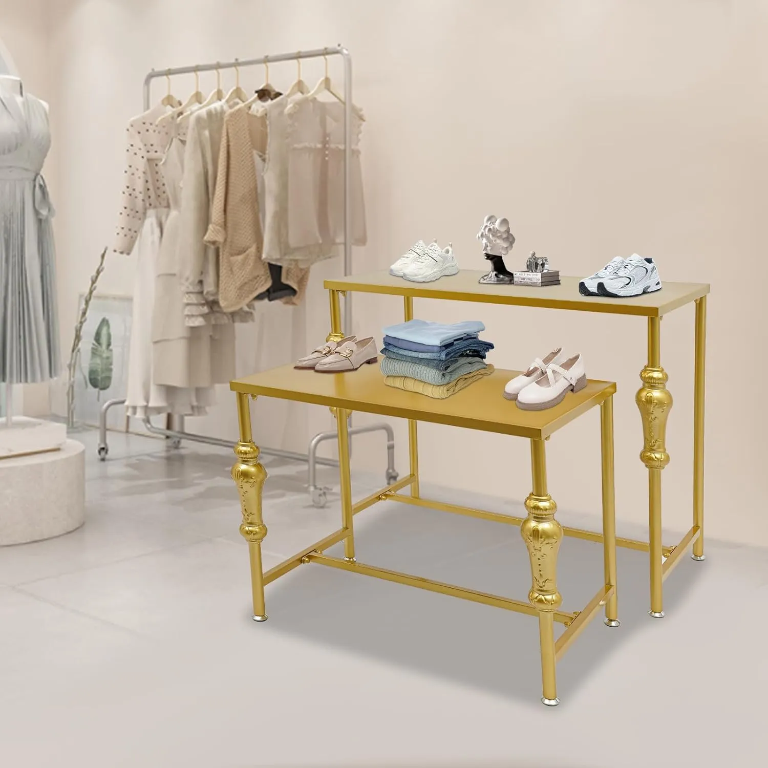 Metal Shoe Handbag Display Stand, 2Pcs Retail Nesting Display Tables, Heavy Duty Boutique Display Riser Shelf Modern Standing Clothing Shoes Display Rack for Retail Stores, Gold