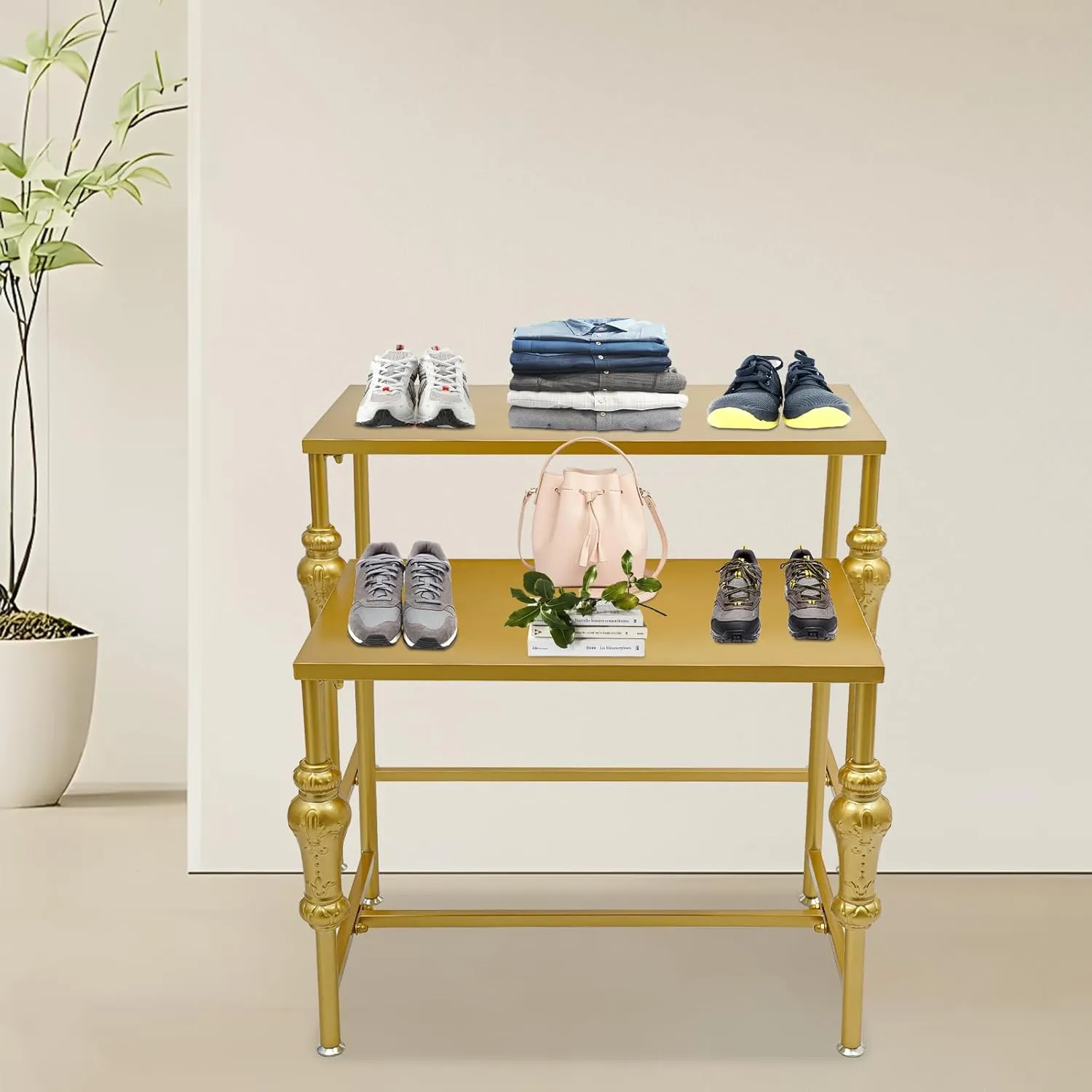 Metal Shoe Handbag Display Stand, 2Pcs Retail Nesting Display Tables, Heavy Duty Boutique Display Riser Shelf Modern Standing Clothing Shoes Display Rack for Retail Stores, Gold
