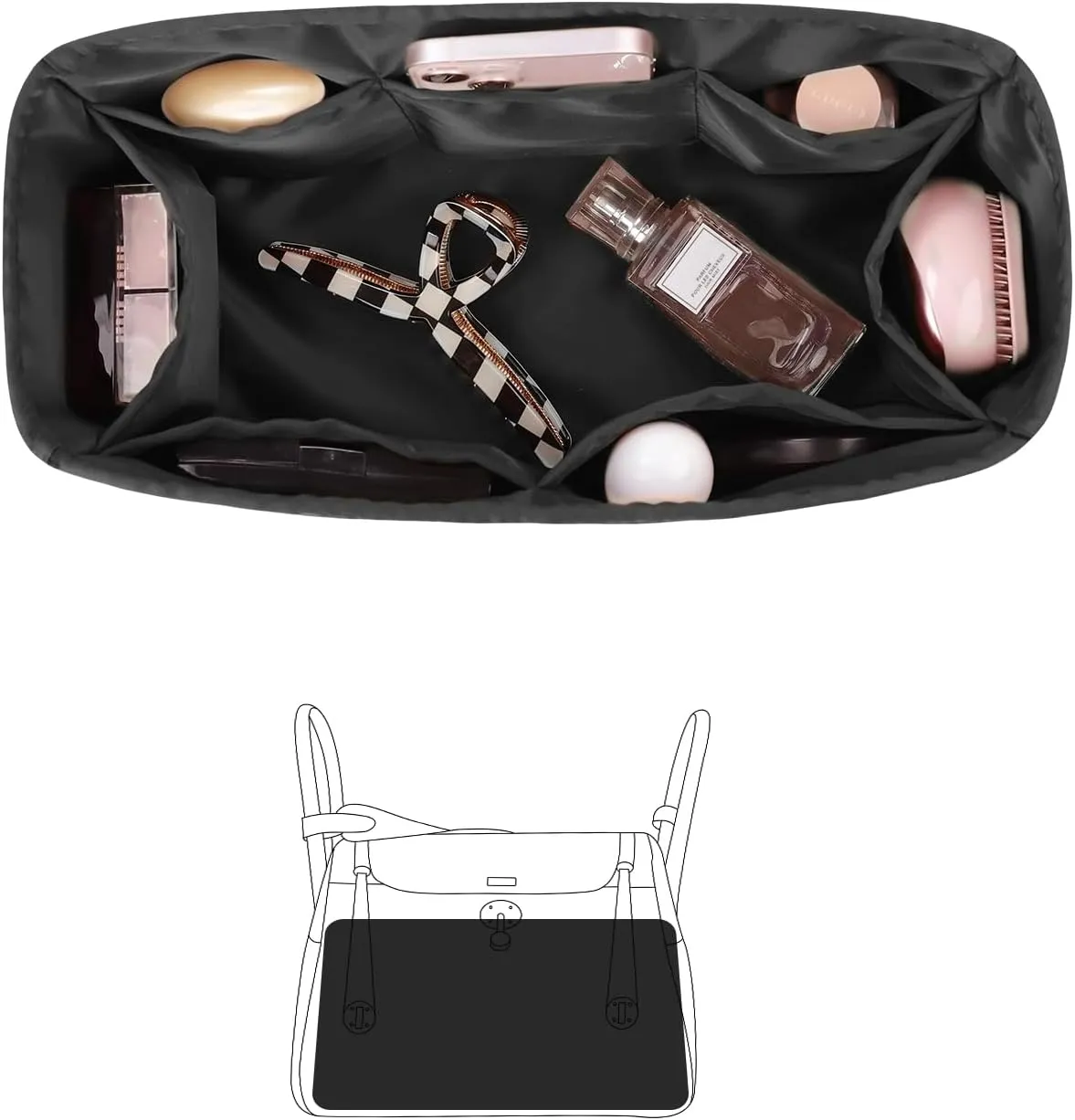 Mini Lindy Bag Insert, Organizer Compatible with Hermes Lindy Bag, Luxury Bags Storage with Satin, Lightweight and Soft Touch (Black, Lindy19)