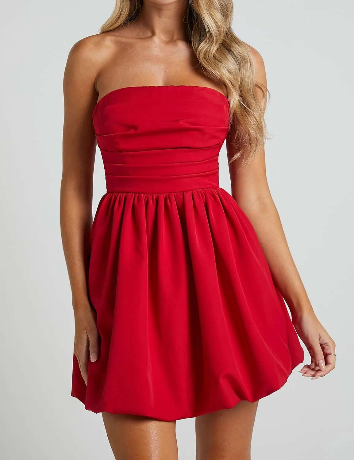 MISSACTIVER Women's Strapless Tube Top Mini Dress Ruched Sleeveless Off Shoulder Flared Short Dress Summer Party Club Dresses