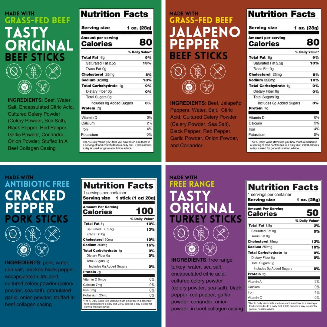 Mission Meats Variety Pack with 100% Grass Fed Beef, Free Range Turkey, and Cracked Pepper Pork Sticks – Gluten & Sugar Free, Whole 30 and Paleo Friendly, 1oz (Pack of 12)