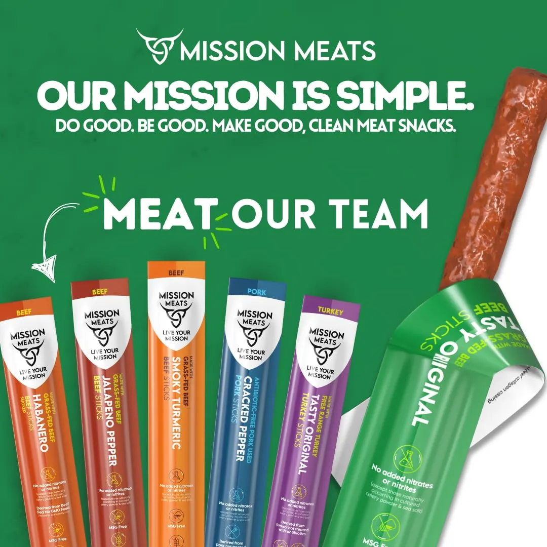 Mission Meats Variety Pack with 100% Grass Fed Beef, Free Range Turkey, and Cracked Pepper Pork Sticks – Gluten & Sugar Free, Whole 30 and Paleo Friendly, 1oz (Pack of 12)