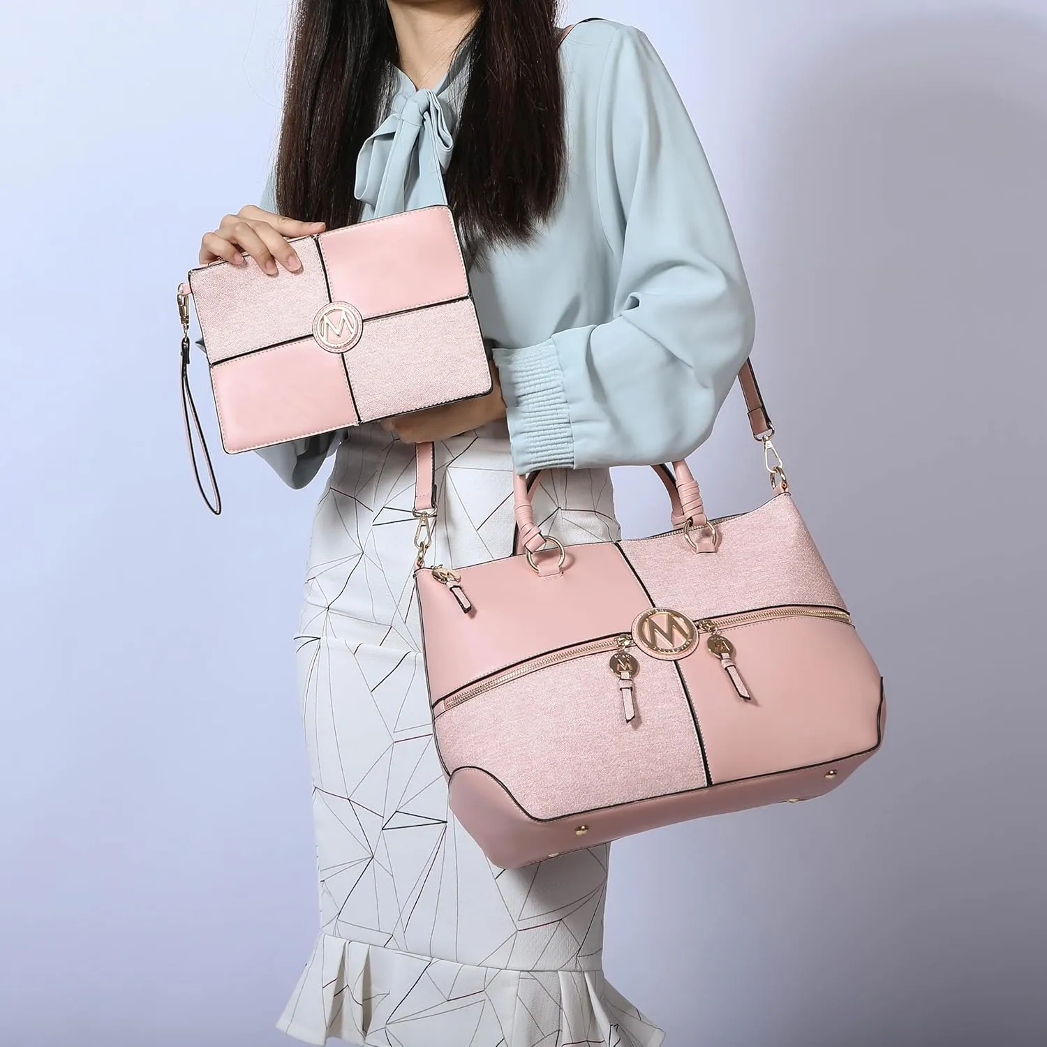 MKF Collection 2Pcs Satchel Bag for Women, Vegan Leather Crossbody Bag, Wristlet Bag Handbag Purse Tote Bag Set By Mia K