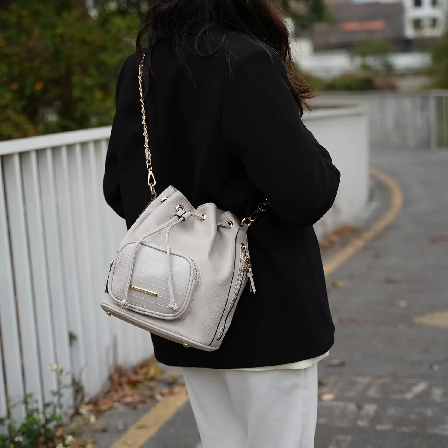 MKF Collection Bucket Shoulder Bag for Women Vegan Leather Crossbody Bag, 2 different style of straps Handbag Purse By Mia K