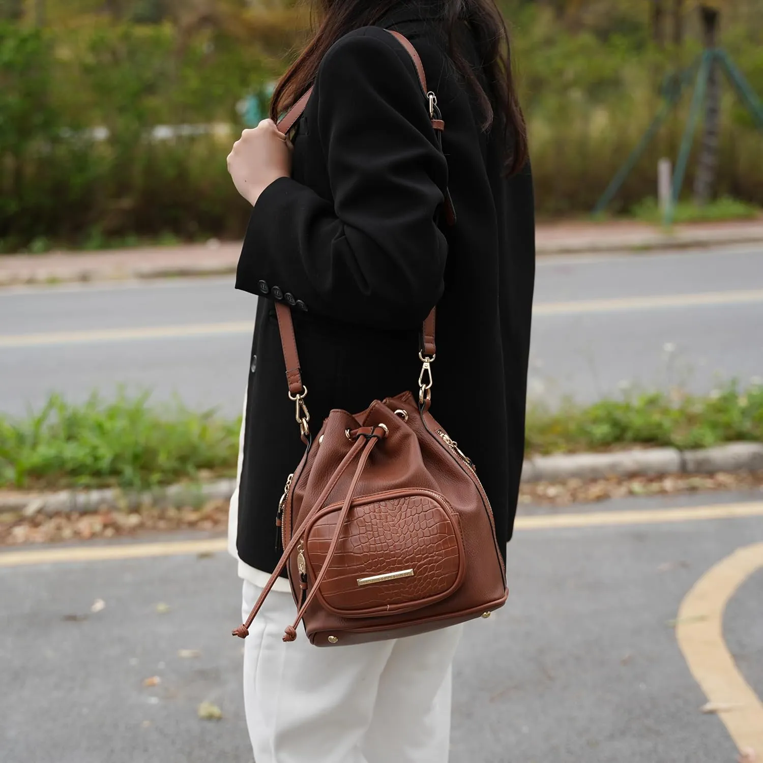 MKF Collection Bucket Shoulder Bag for Women Vegan Leather Crossbody Bag, 2 different style of straps Handbag Purse By Mia K