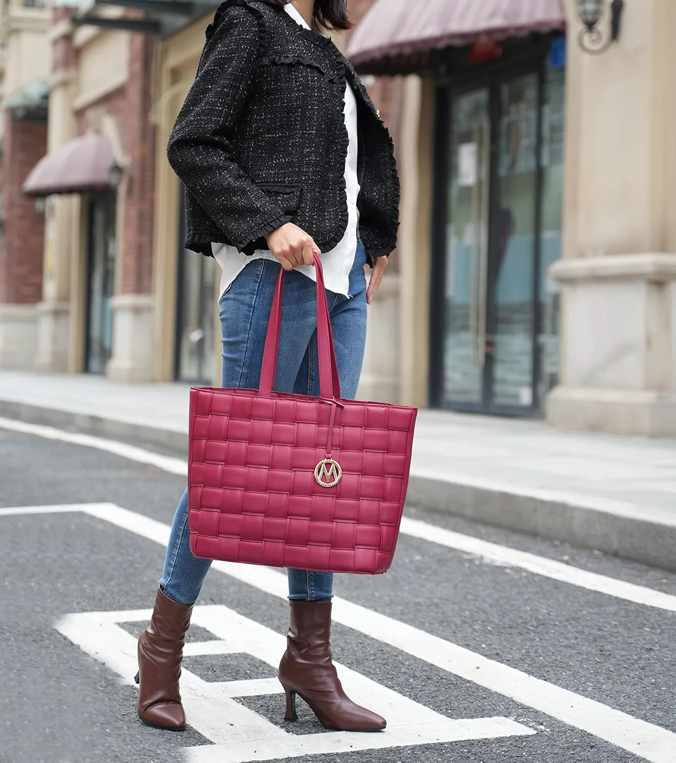 MKF Collection Tote Bag for Women, Vegan Leather Woven Top-Handle Satchel Handbag Purse