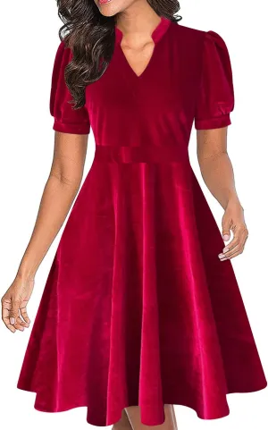Mokayee Womens Summer Short Puff Sleeve Casual Semi-Formal Fit and Flare Church Wedding Guest Work Dresses with Pockets