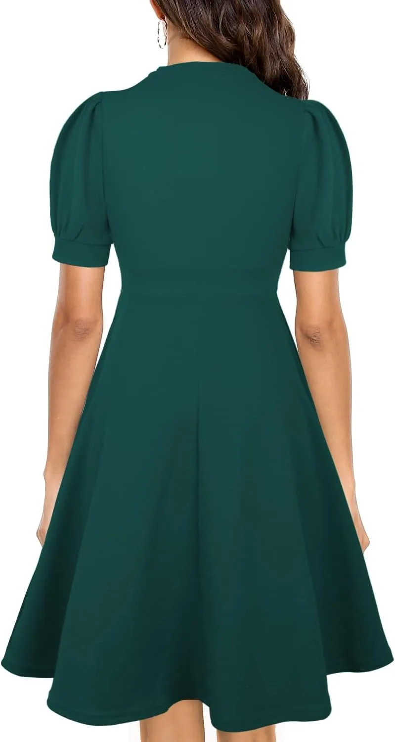 Mokayee Womens Summer Short Puff Sleeve Casual Semi-Formal Fit and Flare Church Wedding Guest Work Dresses with Pockets
