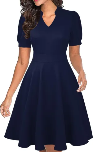 Mokayee Womens Summer Short Puff Sleeve Casual Semi-Formal Fit and Flare Church Wedding Guest Work Dresses with Pockets