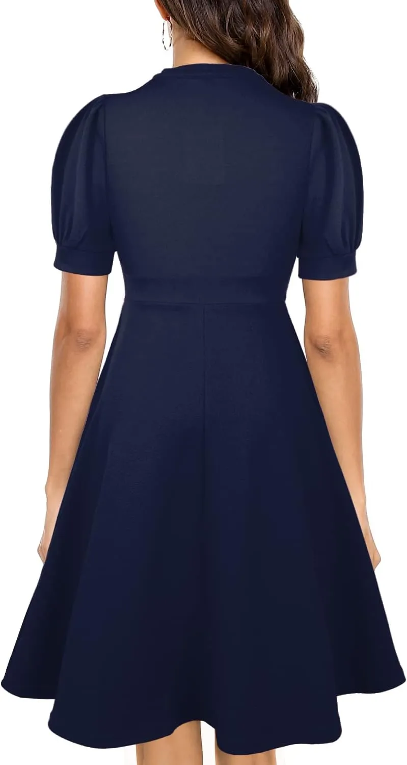 Mokayee Womens Summer Short Puff Sleeve Casual Semi-Formal Fit and Flare Church Wedding Guest Work Dresses with Pockets