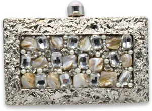Mother of Pearl Clutch – Handcrafted Evening Bag with Gemstones & Pearl Chain – Available in Gold & Silver