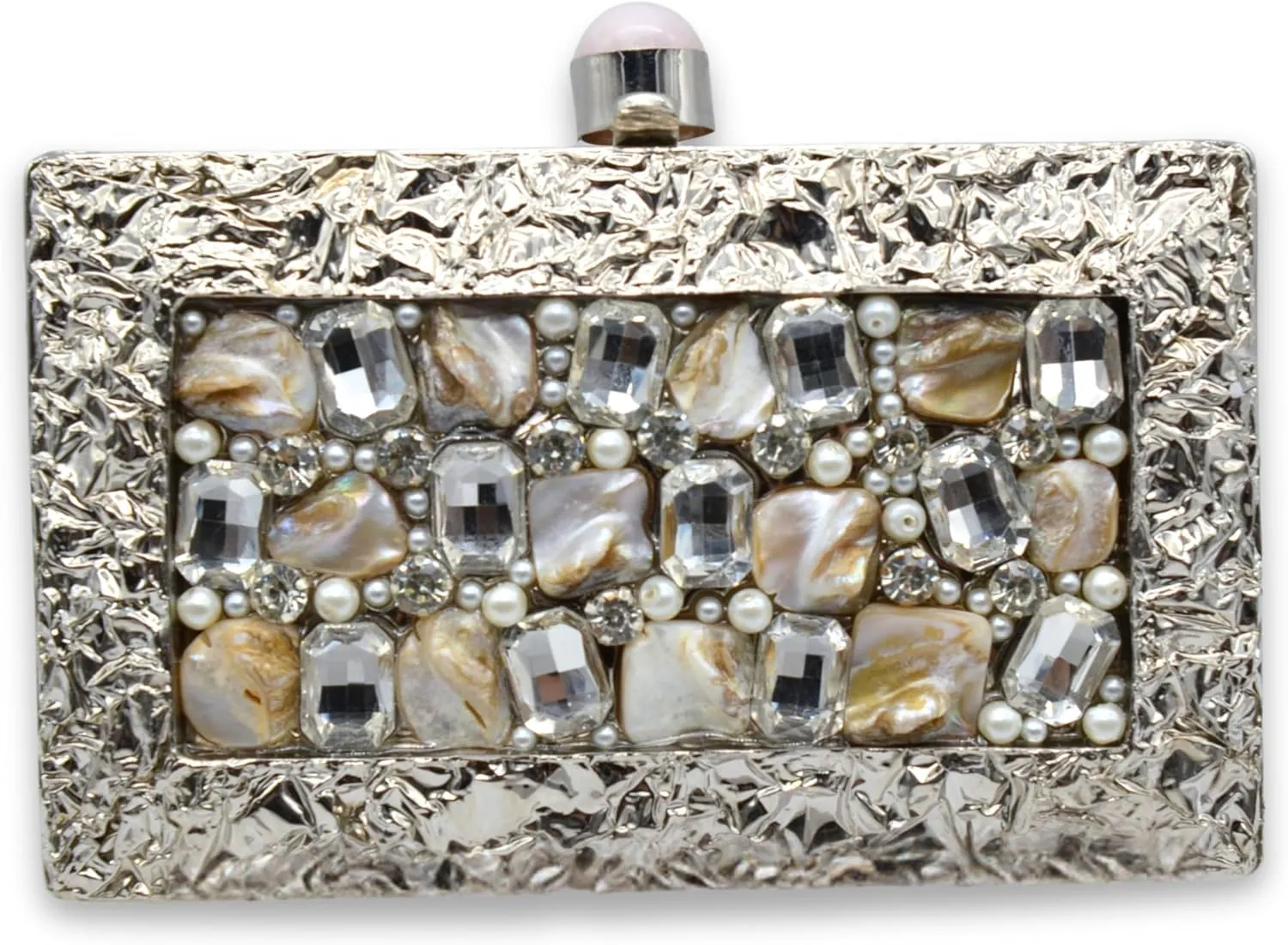 Mother of Pearl Clutch – Handcrafted Evening Bag with Gemstones & Pearl Chain – Available in Gold & Silver