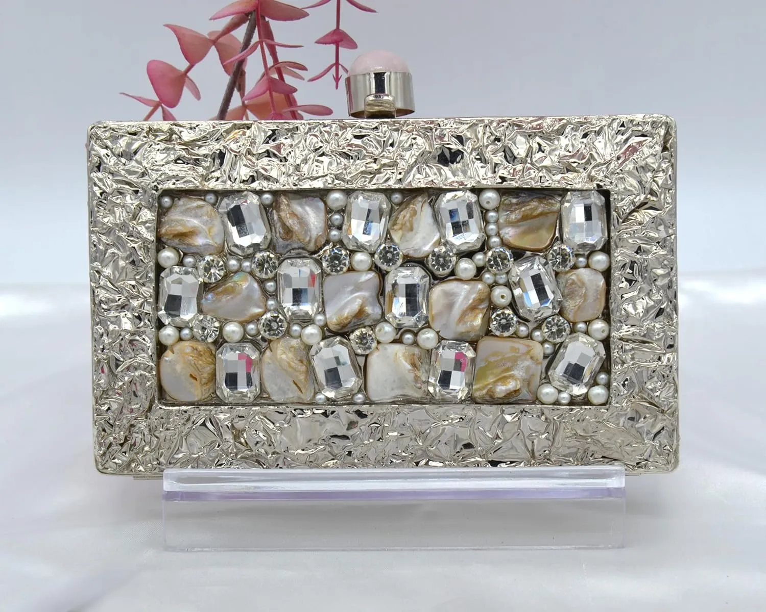 Mother of Pearl Clutch – Handcrafted Evening Bag with Gemstones & Pearl Chain – Available in Gold & Silver