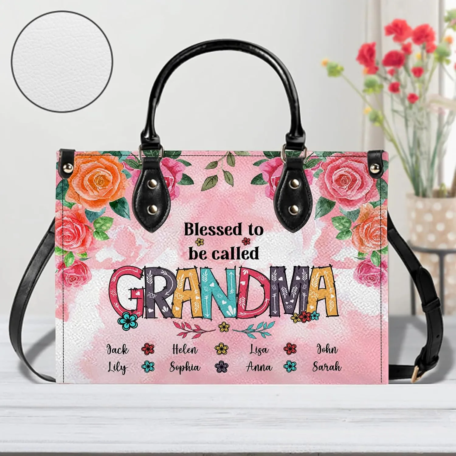 Mothers Day Gift Leather Bag- Personalized Grandmas Purse With Grandkids Names, Grandma Handbag Birthday Gifts For Mom Women