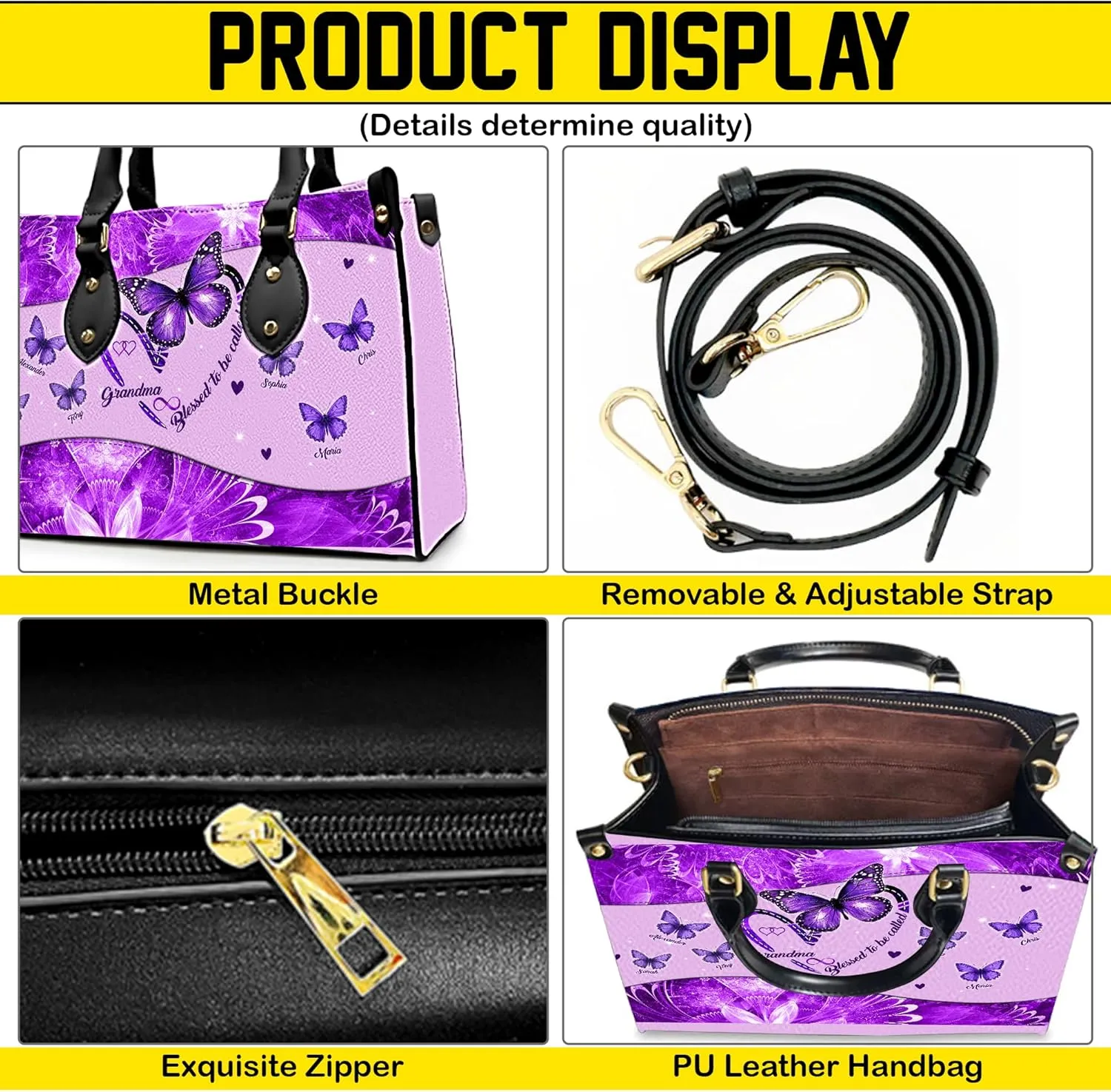 Mothers Day Gift Leather Bag- Personalized Grandmas Purse With Grandkids Names, Grandma Handbag Birthday Gifts For Mom Women
