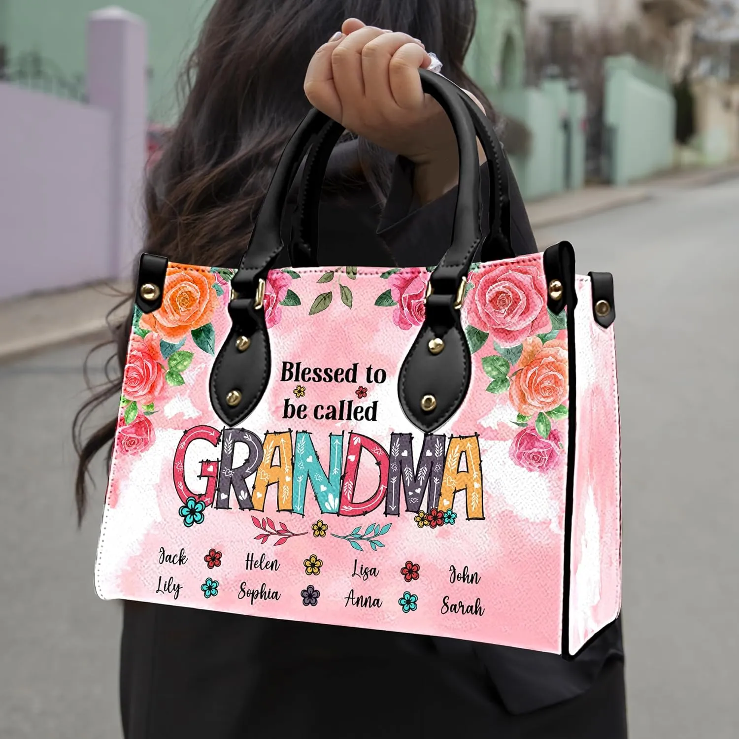 Mothers Day Gift Leather Bag- Personalized Grandmas Purse With Grandkids Names, Grandma Handbag Birthday Gifts For Mom Women