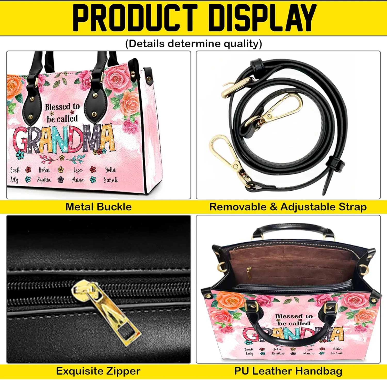 Mothers Day Gift Leather Bag- Personalized Grandmas Purse With Grandkids Names, Grandma Handbag Birthday Gifts For Mom Women