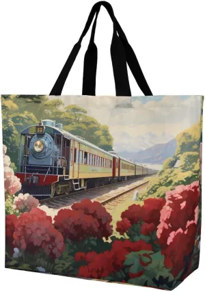 Mountain Train Railroad Tracks Shoulder Bag Large Capacity Shopping Bag Washable Grocery Bag Handbag for Women Men