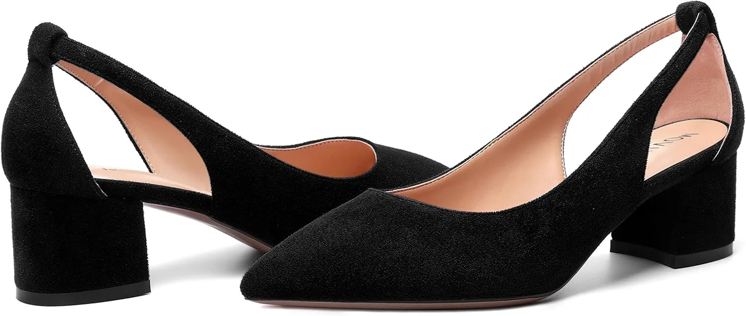 MOVINSTEPS Womens Block Dress Slip On Suede Thick Pointed Toe Cut Out Office Solid Chunky Low Heel Pumps Shoes 2 Inch