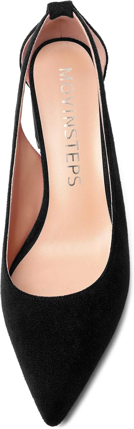 MOVINSTEPS Womens Block Dress Slip On Suede Thick Pointed Toe Cut Out Office Solid Chunky Low Heel Pumps Shoes 2 Inch