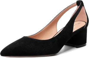 MOVINSTEPS Womens Block Dress Slip On Suede Thick Pointed Toe Cut Out Office Solid Chunky Low Heel Pumps Shoes 2 Inch