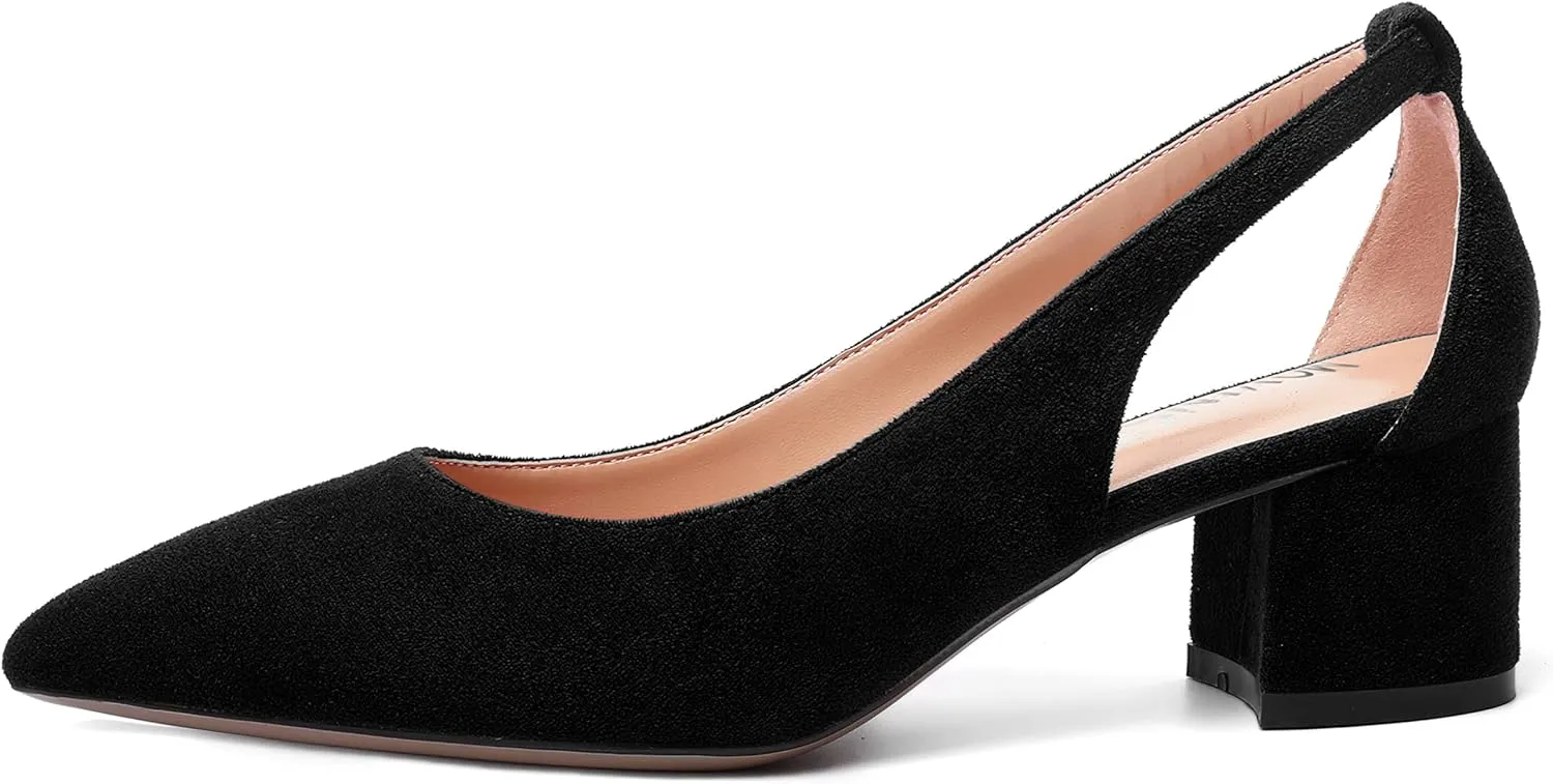 MOVINSTEPS Womens Block Dress Slip On Suede Thick Pointed Toe Cut Out Office Solid Chunky Low Heel Pumps Shoes 2 Inch