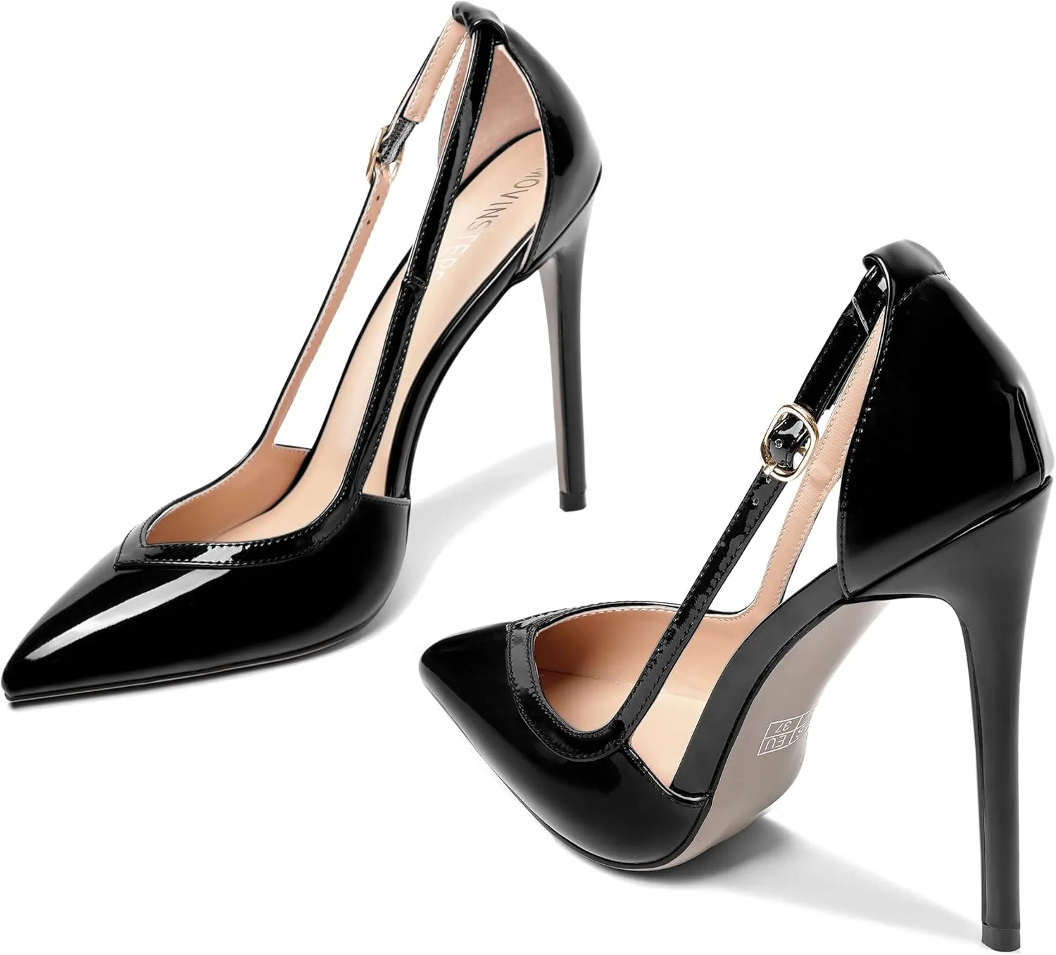 MOVINSTEPS Womens Dress Adjustable Strap Slip On Dating Pointed Toe Patent Stiletto High Heel Pumps Shoes 4.7 Inch