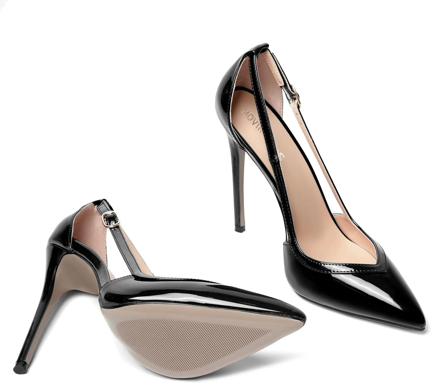 MOVINSTEPS Womens Dress Adjustable Strap Slip On Dating Pointed Toe Patent Stiletto High Heel Pumps Shoes 4.7 Inch
