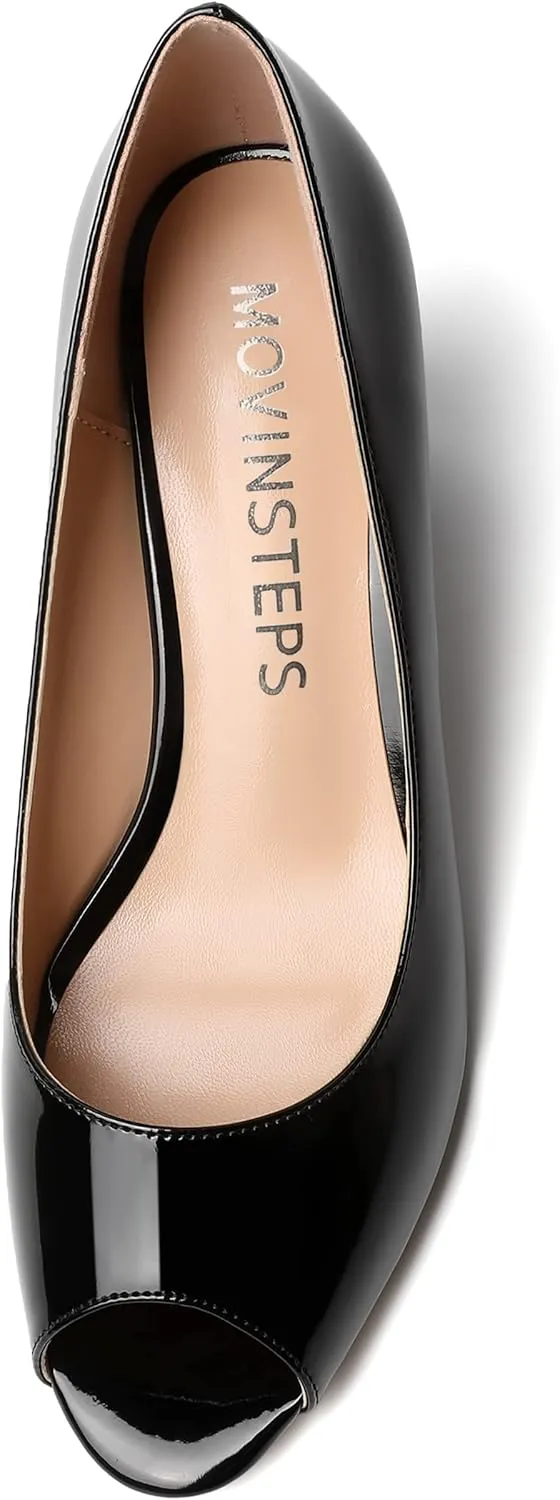MOVINSTEPS Womens Slip On Dating Peep Toe Dress Patent Block Mid Heel Pumps Shoes 2.5 Inch