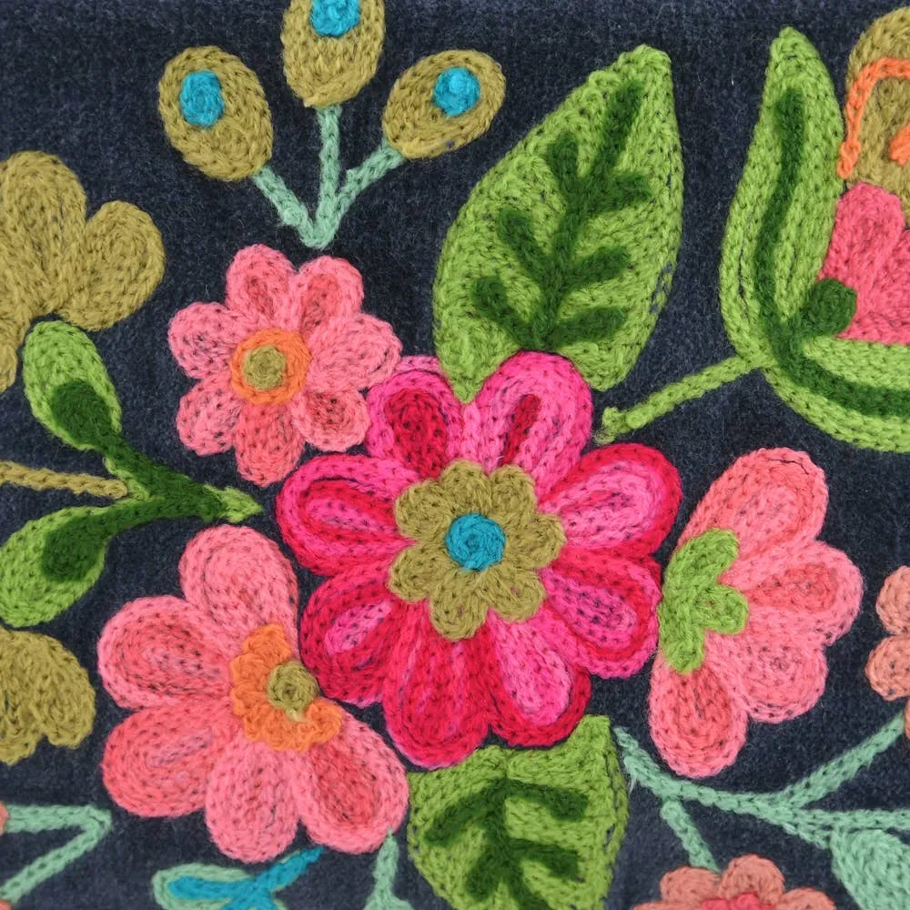 Navy Floral Embroidered Velvet Zipper Pouch