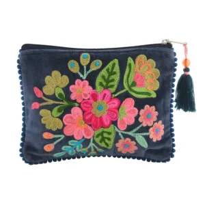 Navy Floral Embroidered Velvet Zipper Pouch
