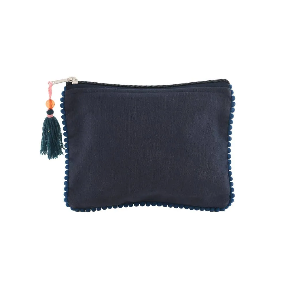 Navy Floral Embroidered Velvet Zipper Pouch