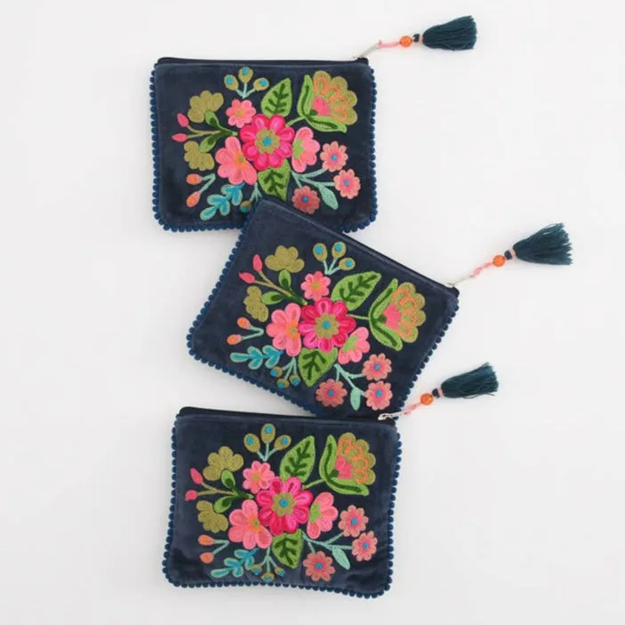 Navy Floral Embroidered Velvet Zipper Pouch