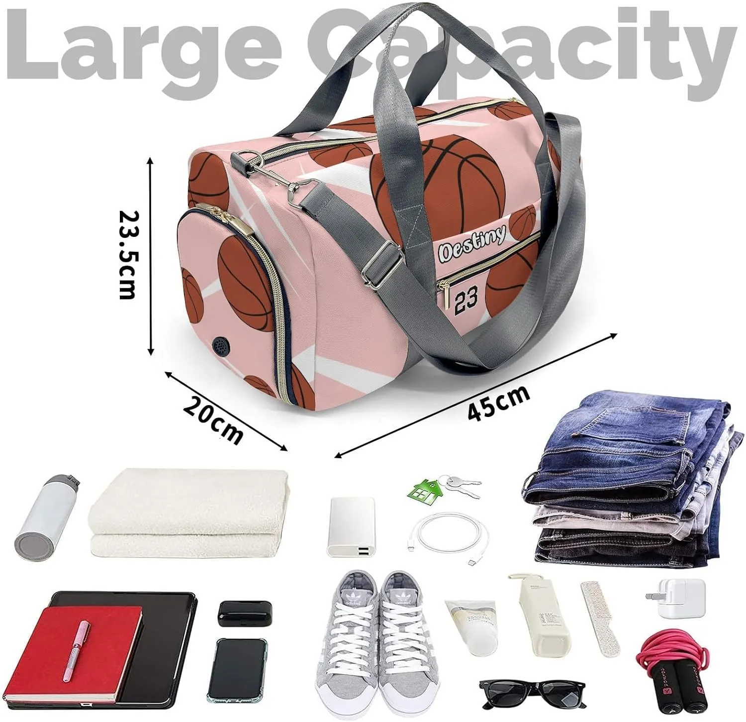 Number Sport Basketball Player Team Peach Personalized Gym Dance Bag for Girls Boys,Custom Name Sport Duffel Bag Weekender Bags Carry On Travel Duffel Bag