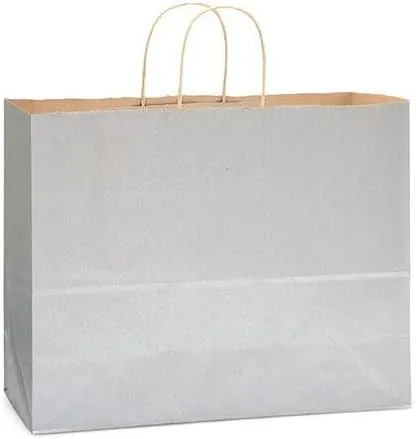 NWP Metallic Silver Recycled Kraft Paper Shopping Bags - Vogue Size - 16 x 6 x 12in. - Pack of 25