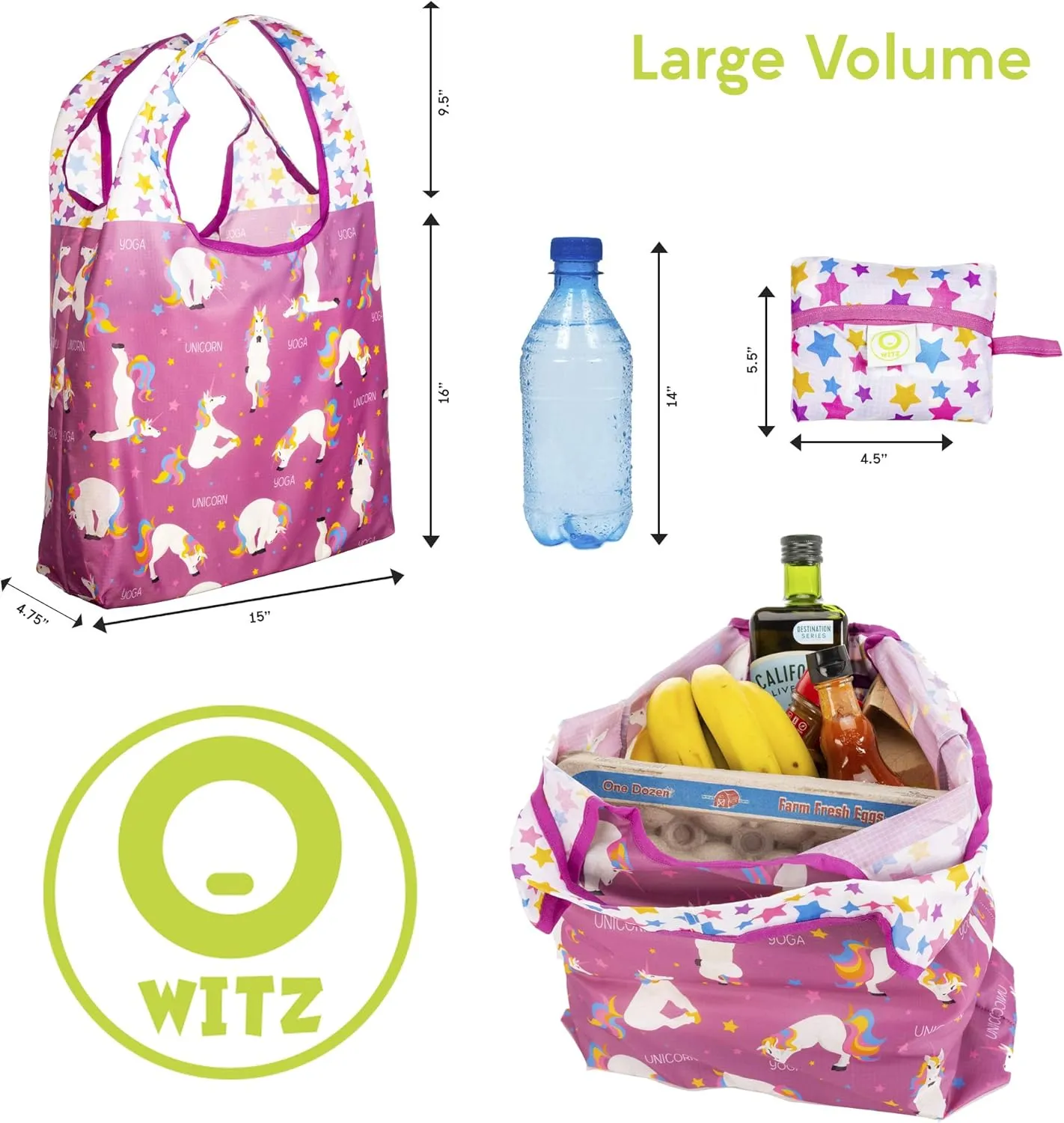 O-WITZ Reusable Grocery Bags | Vibrant Tote Bag For Groceries, Gym, Office Supplies, Beach, Toys & More | Washable Design With Large Handles For Maximum Convenience | Folds Into A Small Pouch, Unicorn