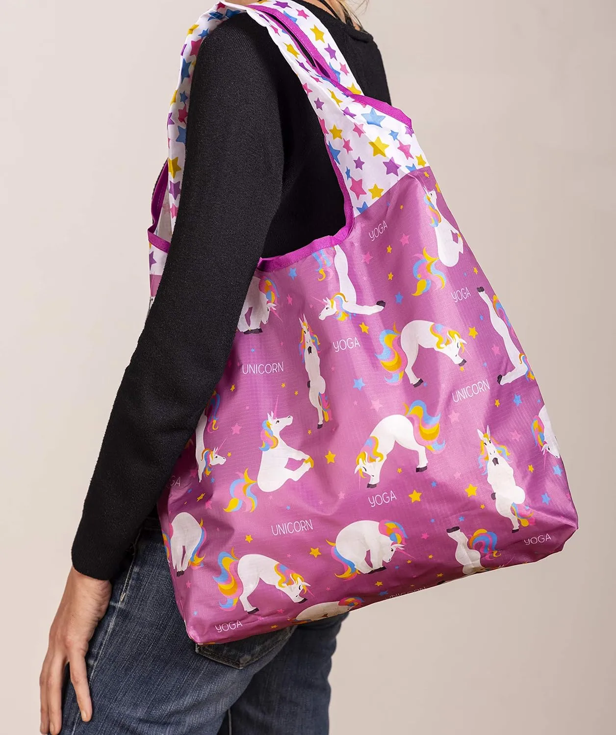 O-WITZ Reusable Grocery Bags | Vibrant Tote Bag For Groceries, Gym, Office Supplies, Beach, Toys & More | Washable Design With Large Handles For Maximum Convenience | Folds Into A Small Pouch, Unicorn