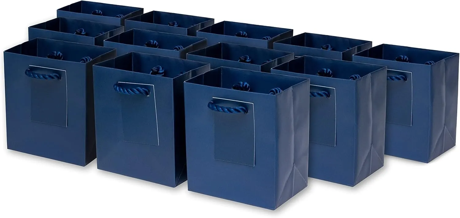 OccasionALL Navy Blue Gift Bags with Handles, Mini Totes for Small Business, Party Favors, Christmas Wrap, Cards, Shopping, Bulk, 4x2.75x4.5 12 Pack