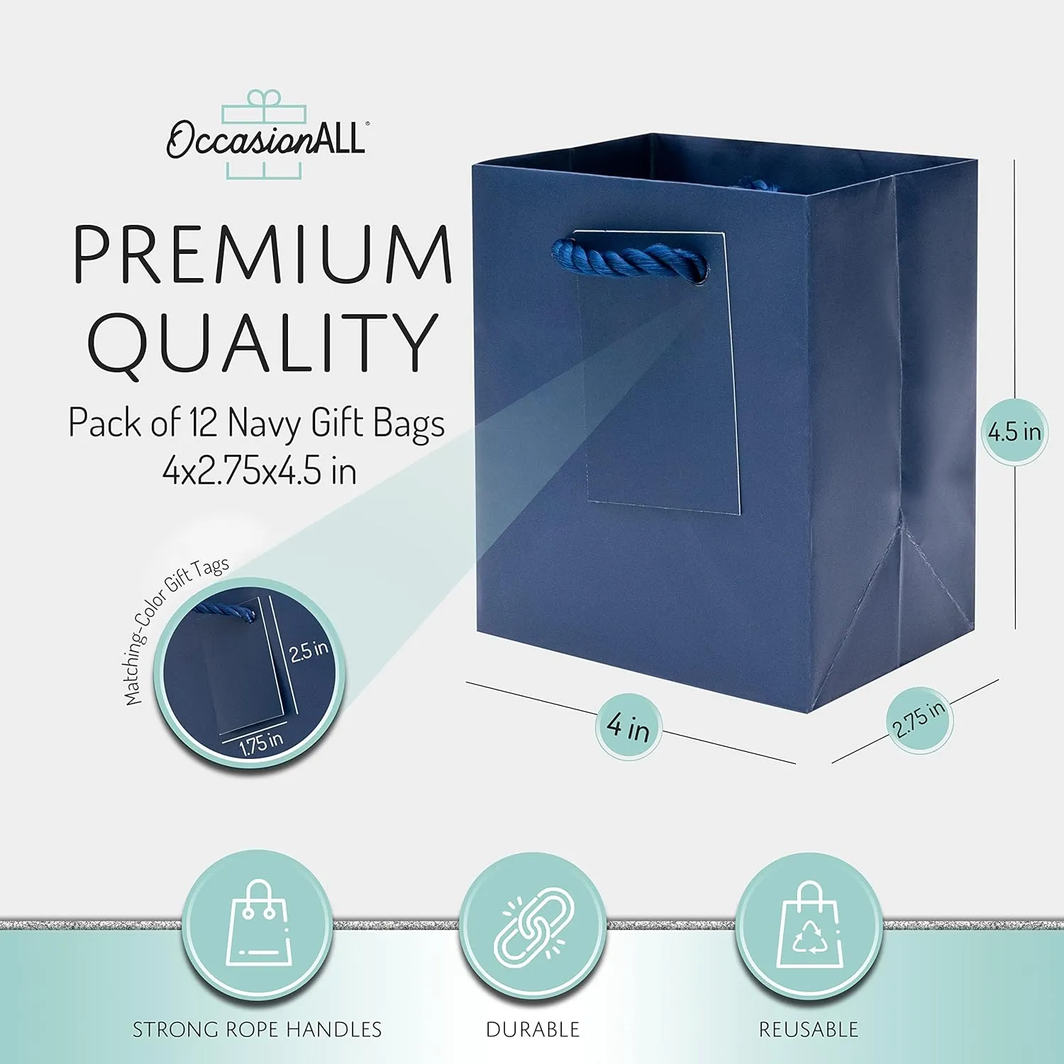 OccasionALL Navy Blue Gift Bags with Handles, Mini Totes for Small Business, Party Favors, Christmas Wrap, Cards, Shopping, Bulk, 4x2.75x4.5 12 Pack