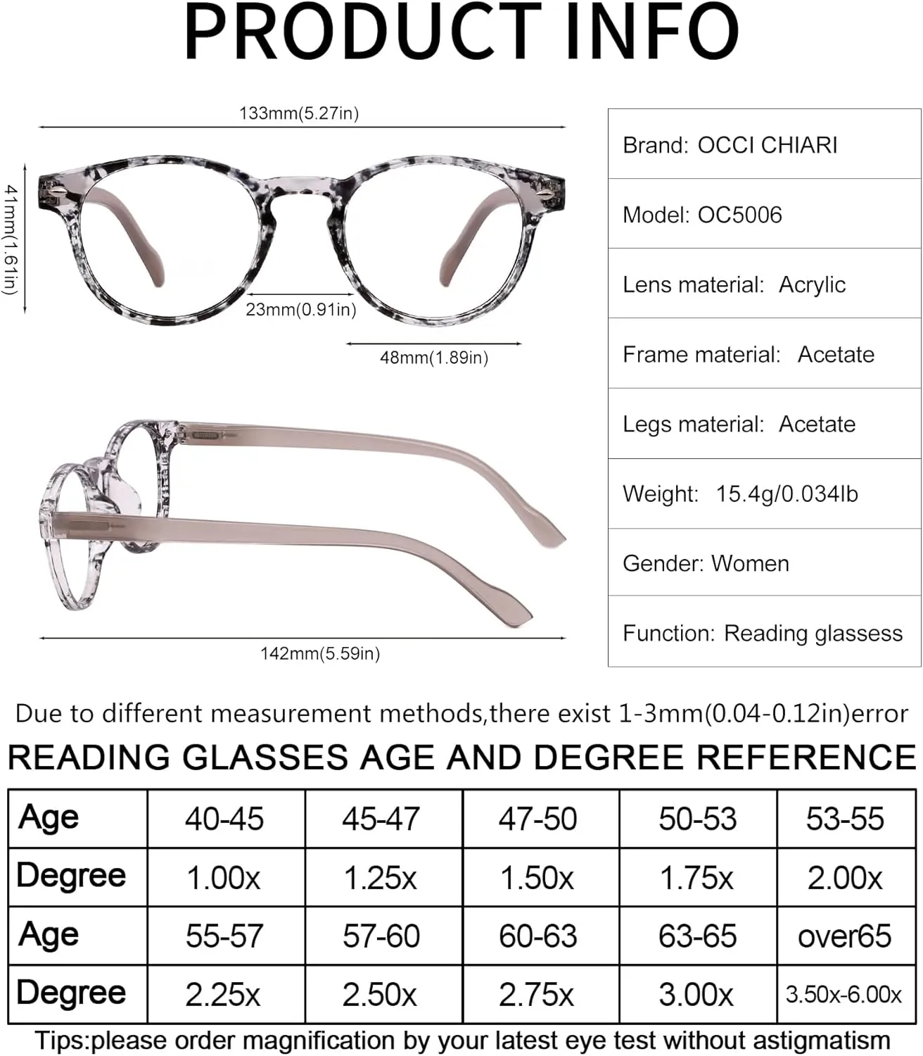 OCCI CHIARI Reading Glasses 1.75 Womens Trendy Round Readers 1.0 1.25 1.5 1.75 2.0 2.25 2.5 2.75 3.0 3.5 4.0 5.0 6.0(Tortoise,1.75)