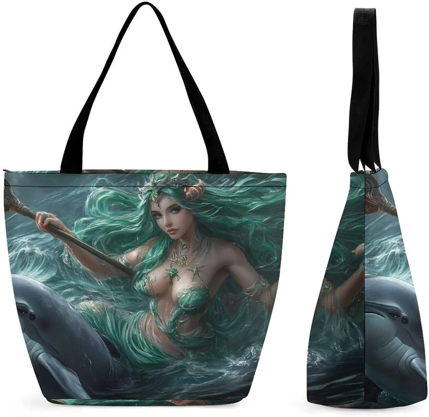 Ocean Goddess Dolphins Greek Myth Women's Shopping Grocery Tote Bag Handbags Large Shoulder Bags Work Business Travel
