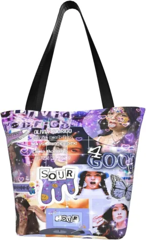 Olivia Songwriter Actress Rodrigo Reusable Grocery Bag for Kitchen Shopping Handbag Tote Bags with Zipper Unisex Casual Shoulder Bag Daily Bags for Activity