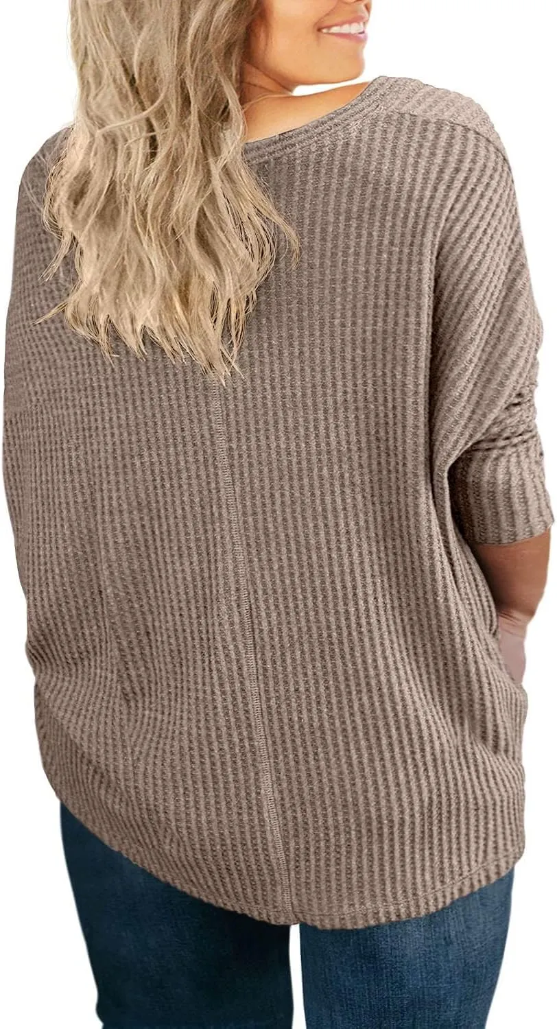 OLRIK Womens Plus Size Tops V Neck Tie Front Blouse Button Up Long Sleeve Waffle Knit Tunic T Shirts