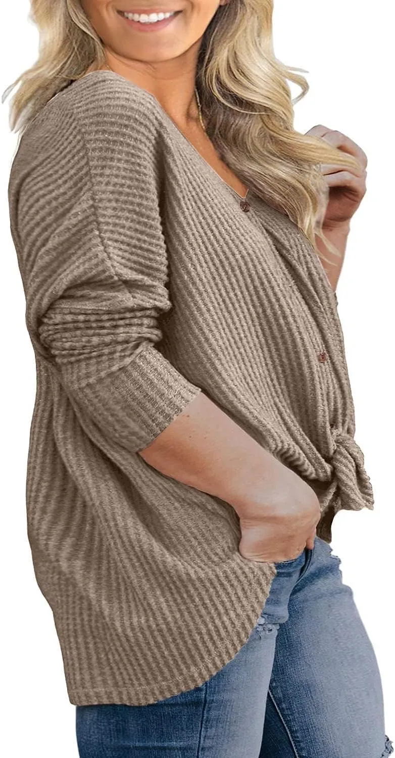 OLRIK Womens Plus Size Tops V Neck Tie Front Blouse Button Up Long Sleeve Waffle Knit Tunic T Shirts