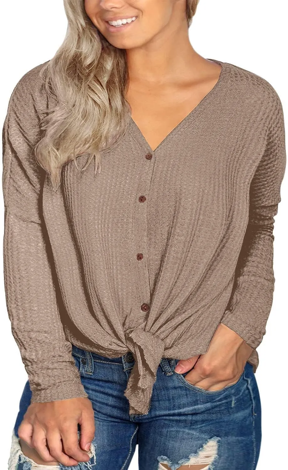 OLRIK Womens Plus Size Tops V Neck Tie Front Blouse Button Up Long Sleeve Waffle Knit Tunic T Shirts