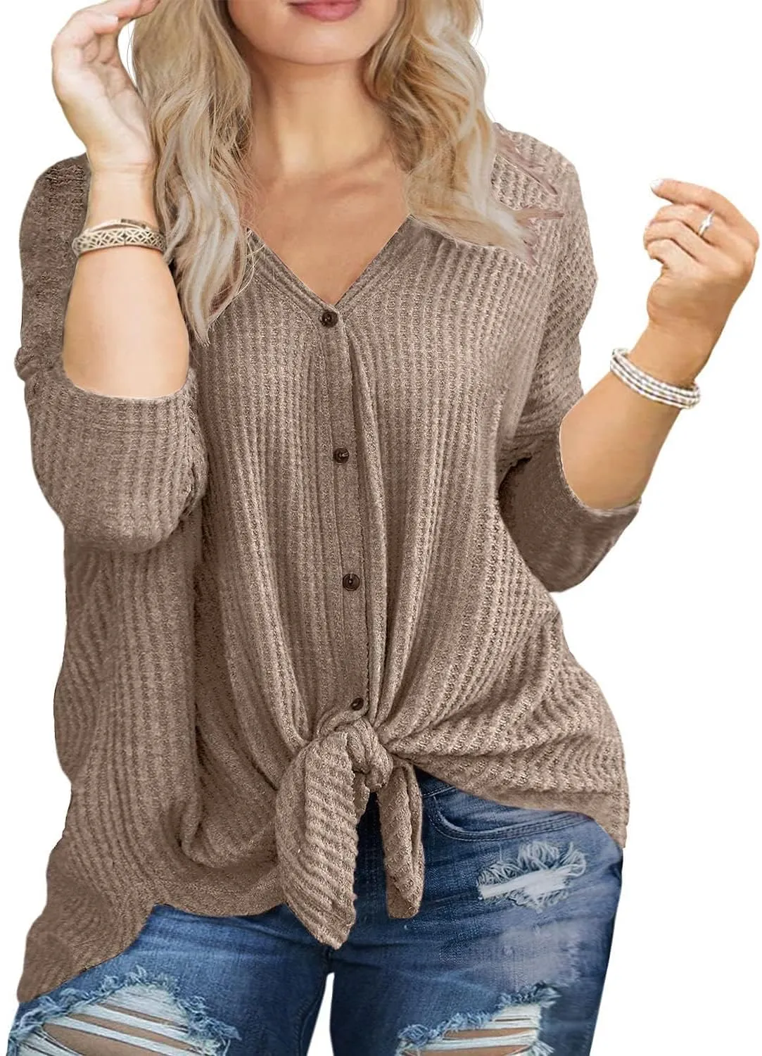 OLRIK Womens Plus Size Tops V Neck Tie Front Blouse Button Up Long Sleeve Waffle Knit Tunic T Shirts